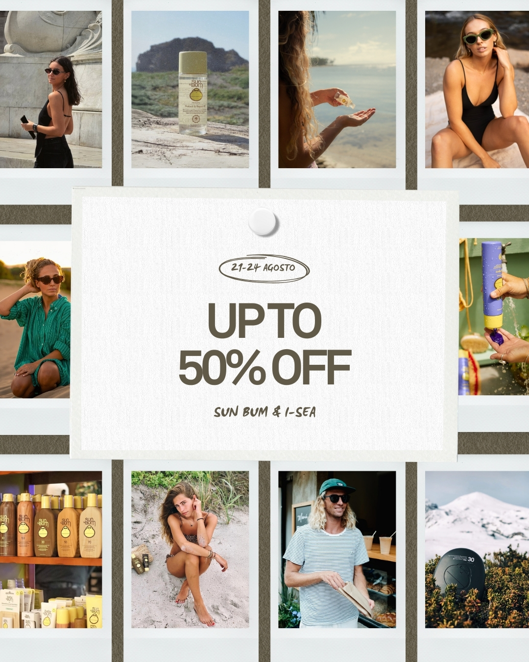 Playa y Nieve — collage promocional Sun Bum & I-SEA