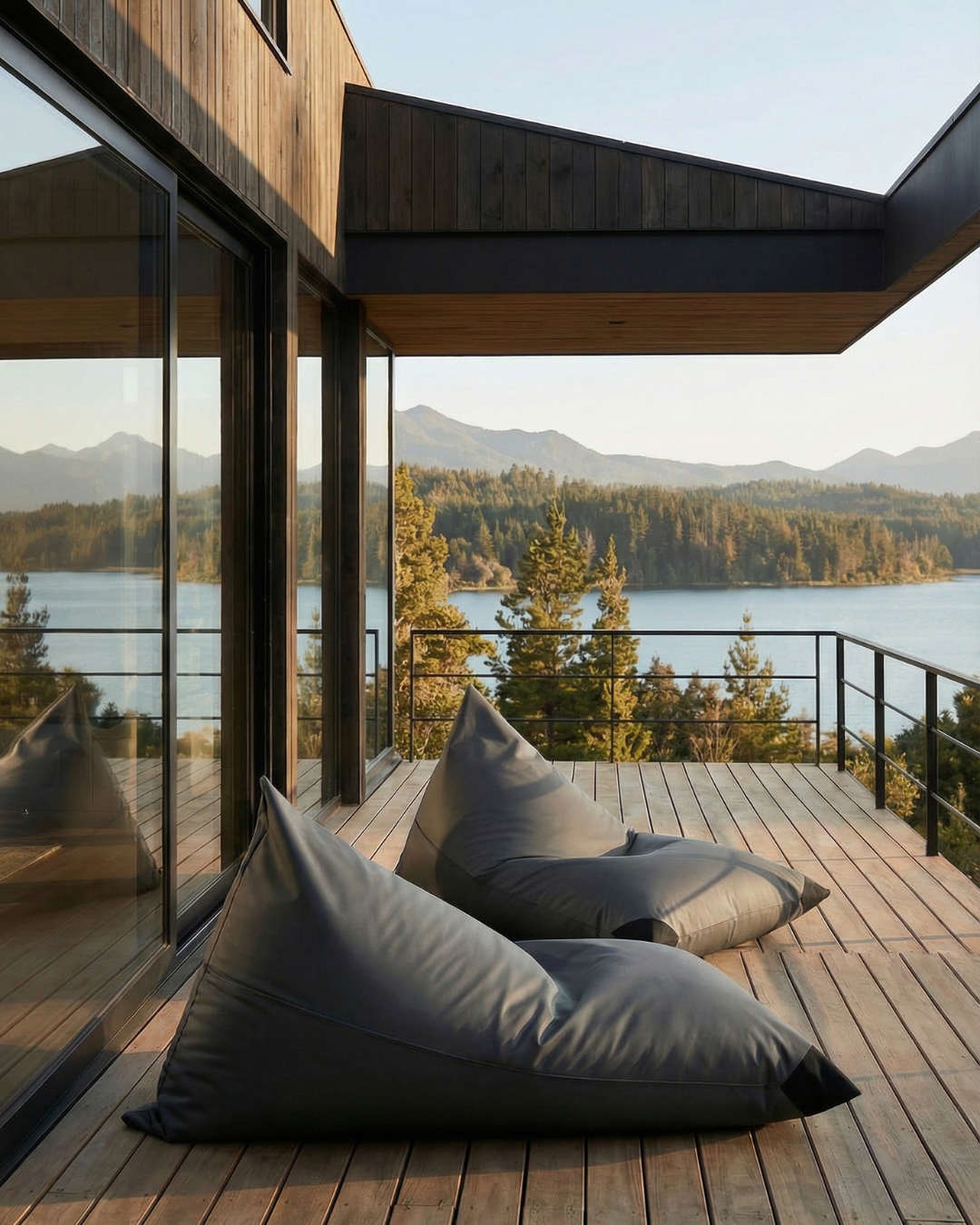 La Estantería — Terraza con pufs y vista a las montañas